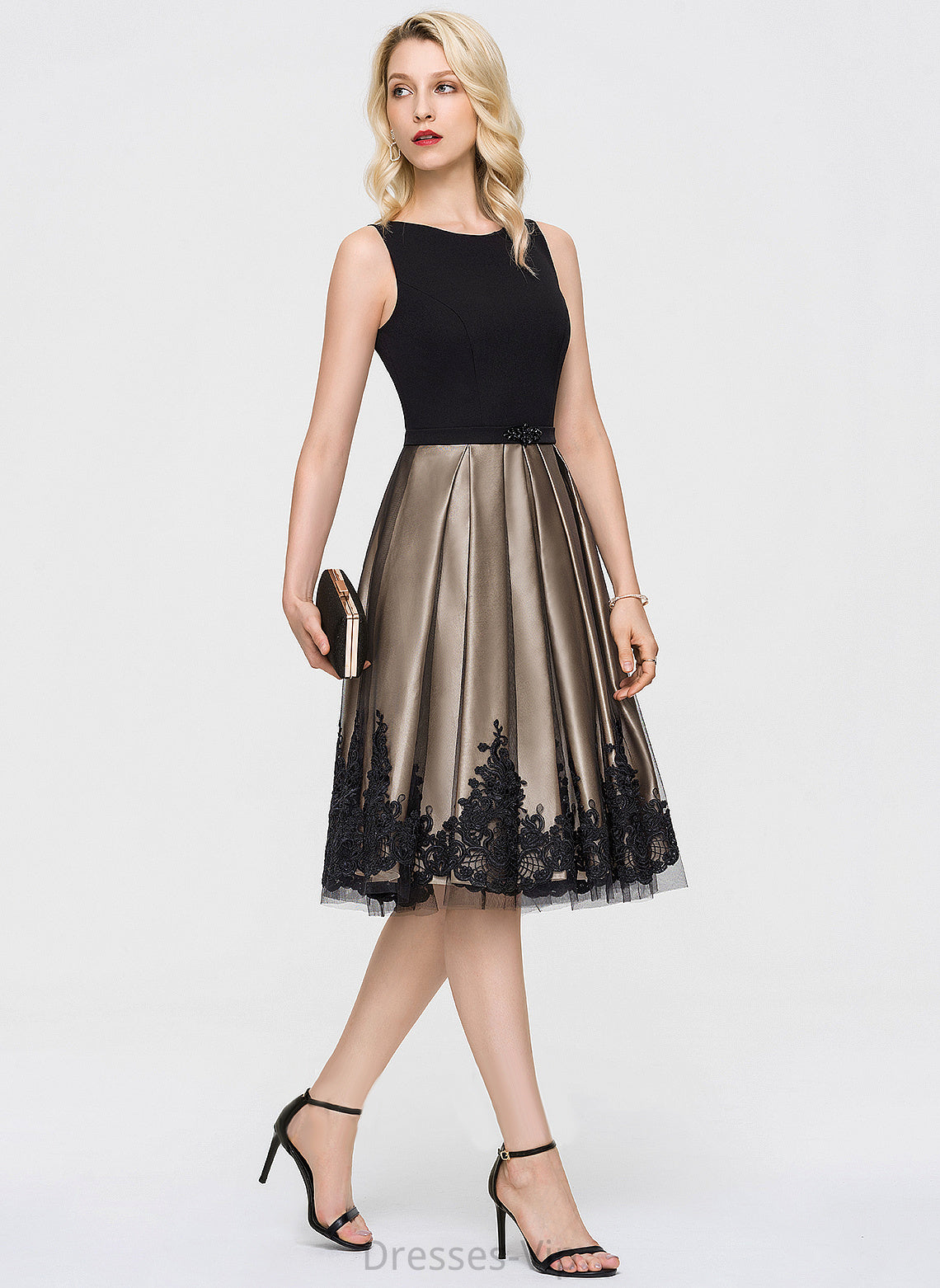 Cocktail Dresses With Stretch Tulle Sequins Beading Neck Crepe A-Line Cocktail Dress Zoey Knee-Length Scoop