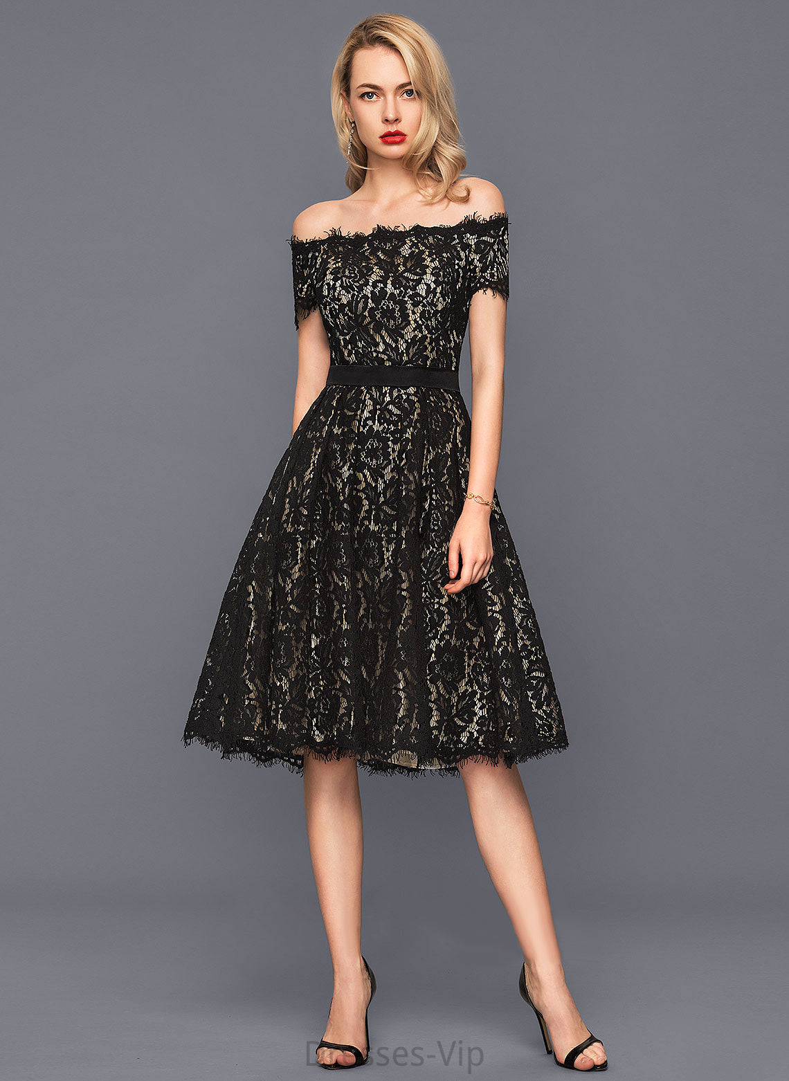 A-Line Knee-Length Dress Lace Off-the-Shoulder Brooke Cocktail Dresses Cocktail Charmeuse