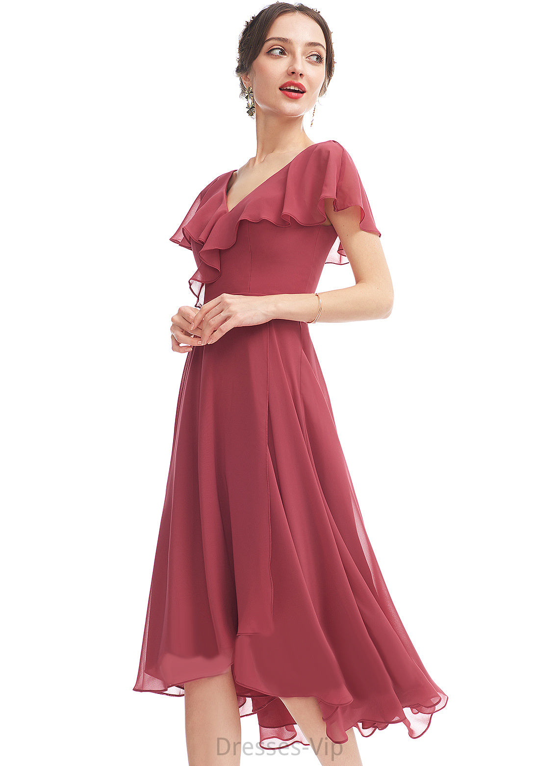 Chiffon Dress Lana With Asymmetrical A-Line Ruffle Cocktail V-neck Cocktail Dresses