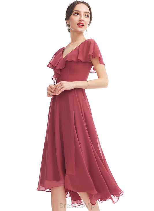 Chiffon Dress Lana With Asymmetrical A-Line Ruffle Cocktail V-neck Cocktail Dresses