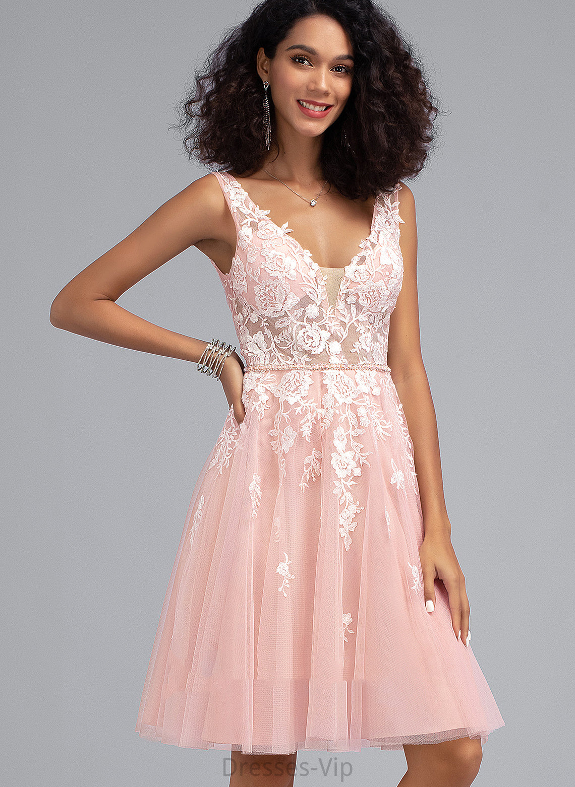 Ally Tulle With V-neck Lace A-Line Knee-Length Dress Beading Sequins Homecoming Homecoming Dresses