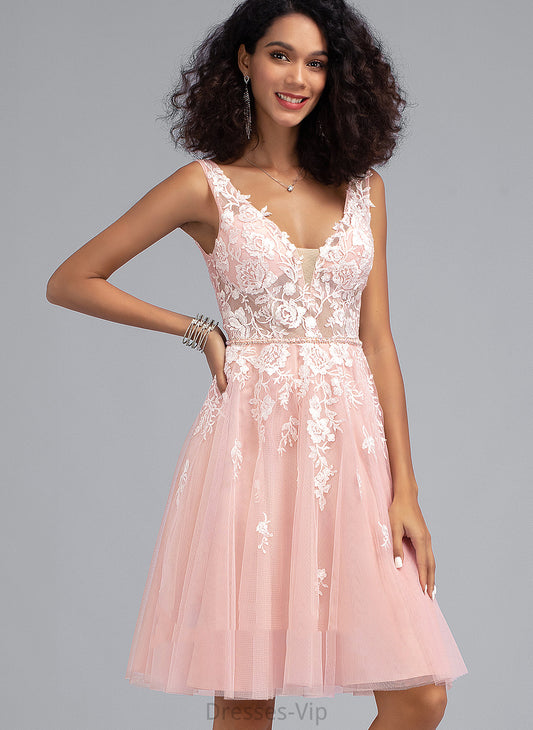 Ally Tulle With V-neck Lace A-Line Knee-Length Dress Beading Sequins Homecoming Homecoming Dresses