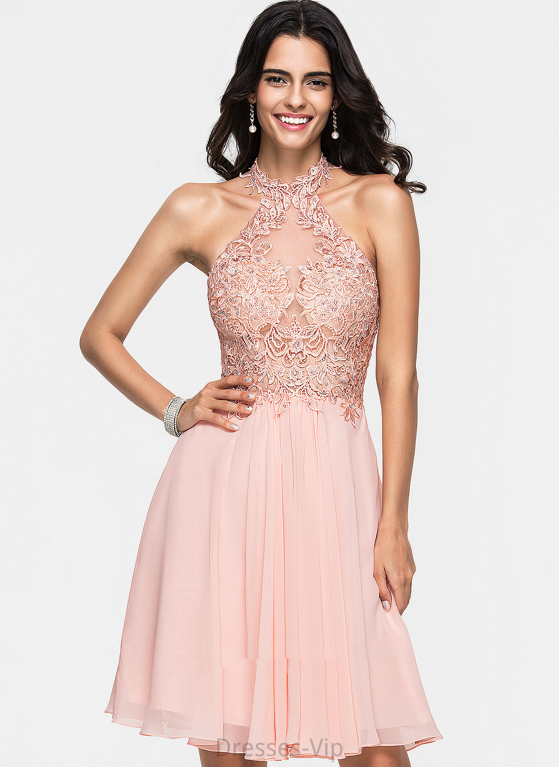 Knee-Length Halter A-Line Chiffon With Homecoming Dresses Beading Lace Homecoming Dress Danielle