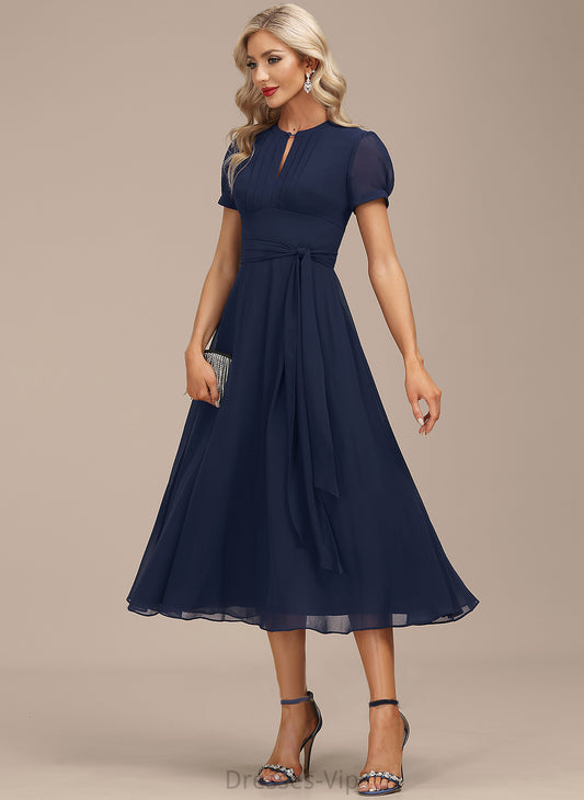 Scoop Cocktail Dresses Ruffle Tea-Length Ashlynn Cocktail Chiffon A-Line Dress With Neck