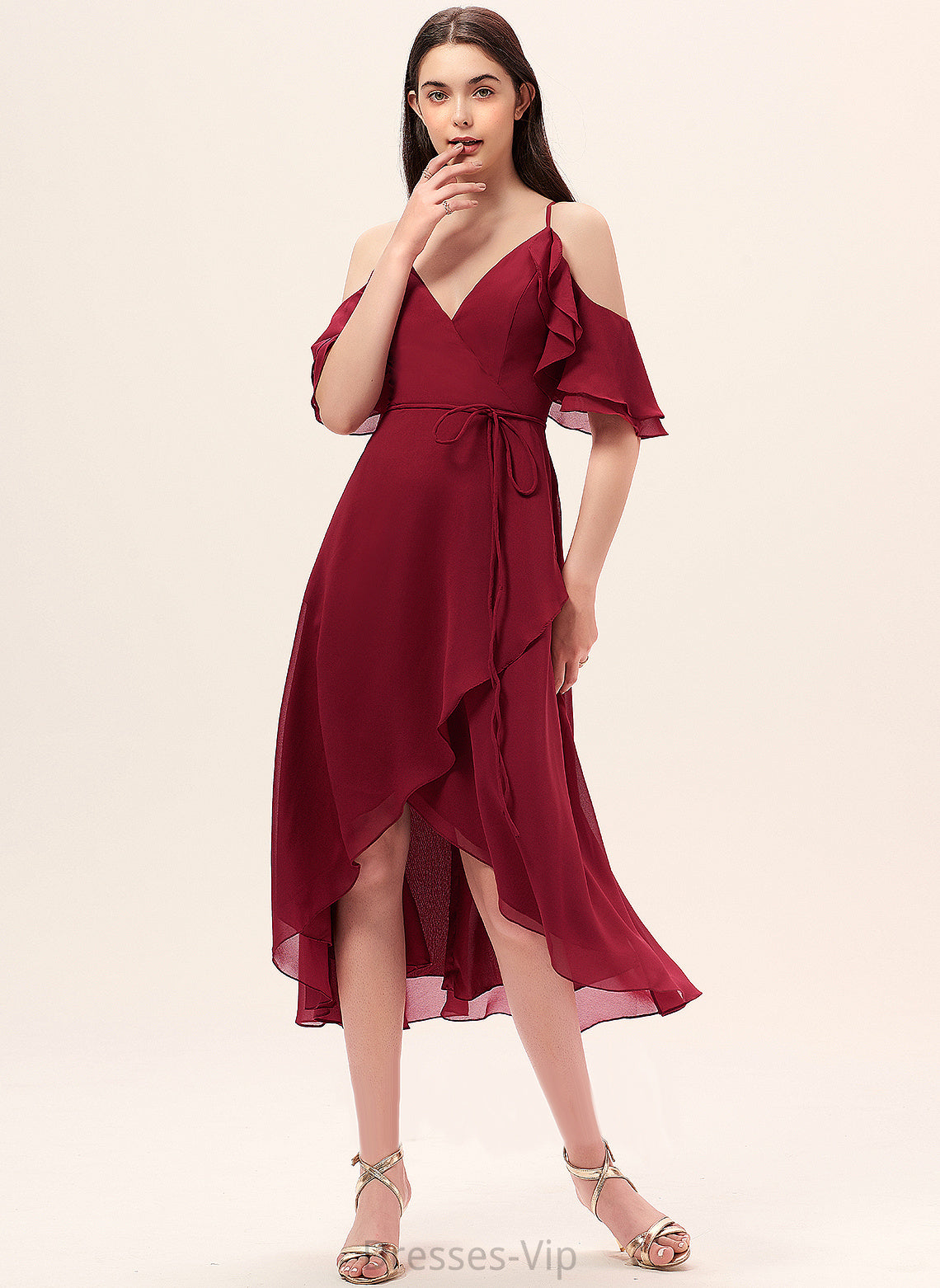 Chiffon Asymmetrical Ruffles Cocktail A-Line Cascading Rosie Cocktail Dresses Dress V-neck With