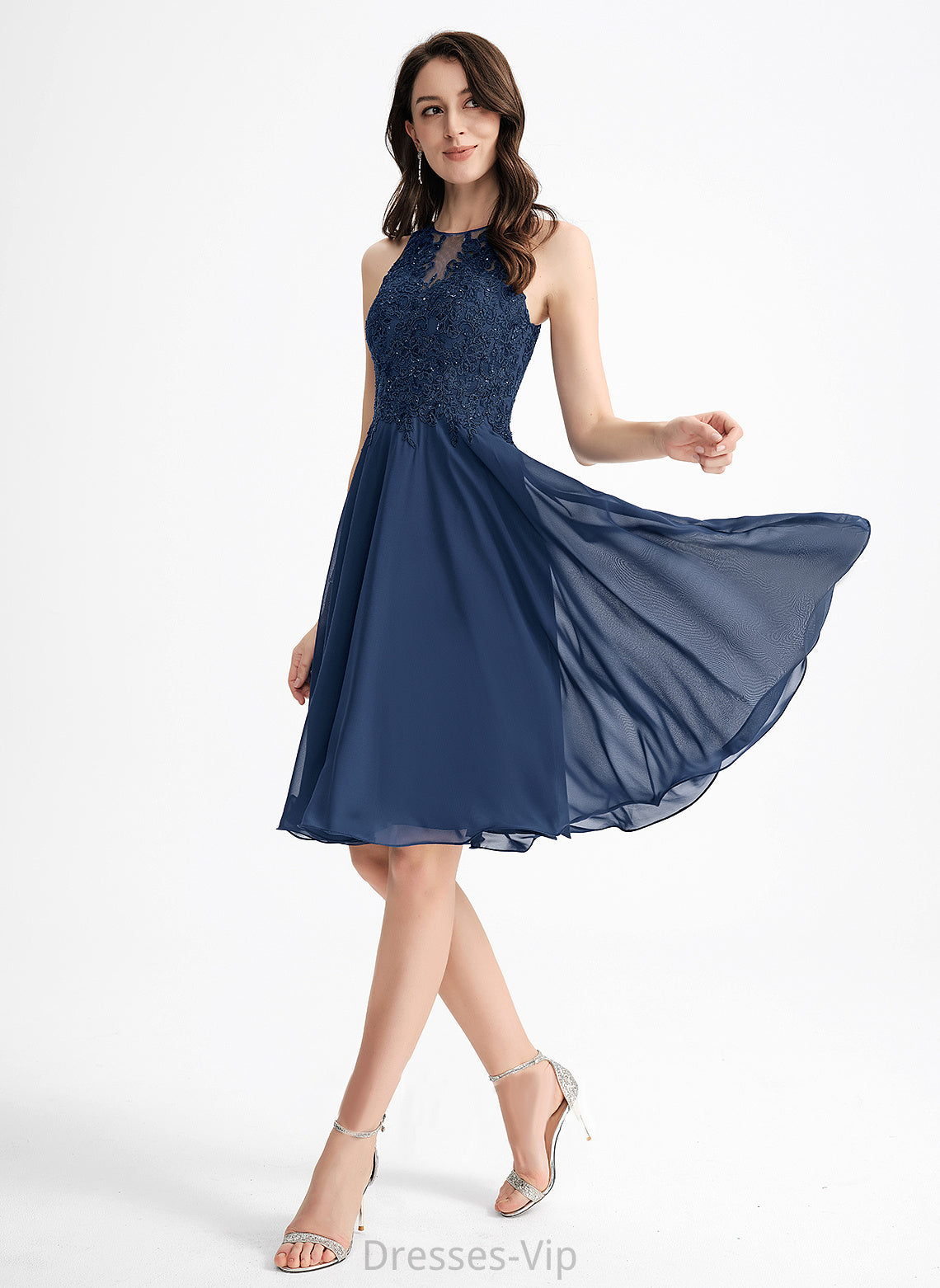 Chiffon Dress With Scoop Knee-Length Homecoming Marin Beading Neck A-Line Lace Homecoming Dresses