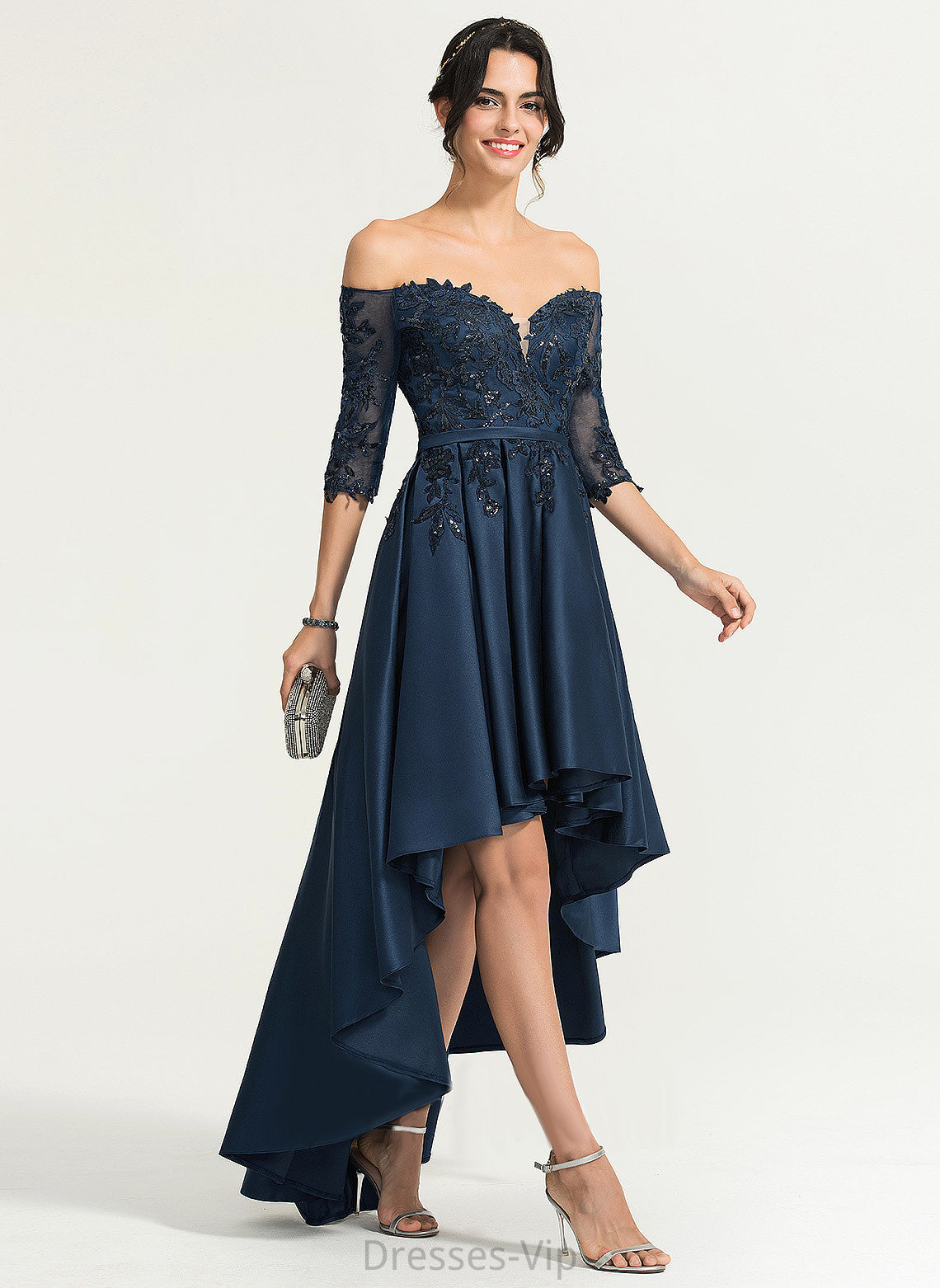 Homecoming Dresses Off-the-Shoulder Homecoming A-Line Lace Asymmetrical Satin Brooke Dress With