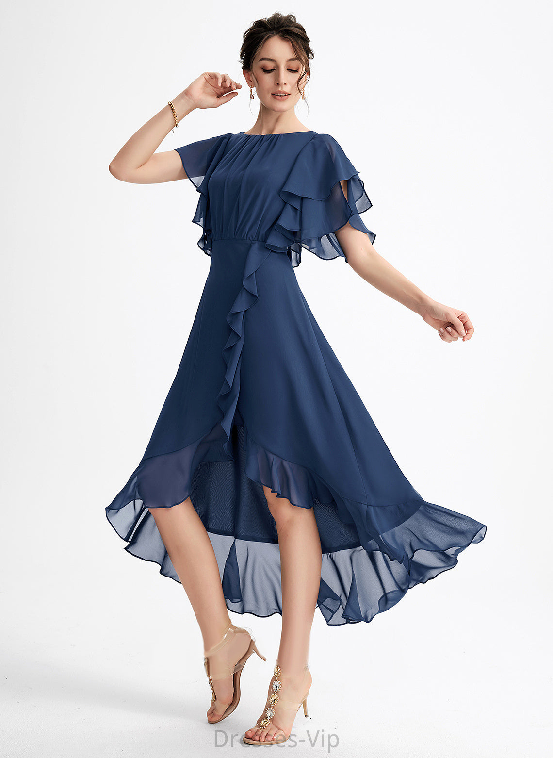 Neck Ruffles Cocktail Ellie A-Line Dress Cascading Scoop Cocktail Dresses Asymmetrical Chiffon With