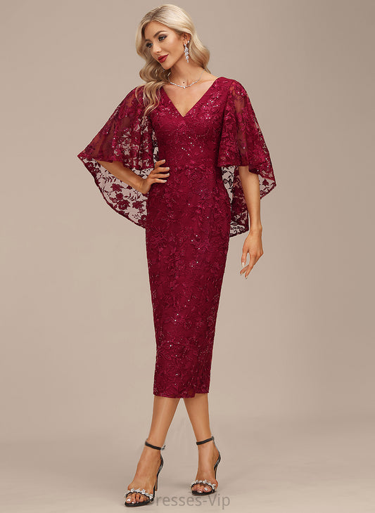 Dress V-neck Sheath/Column Lace With Cocktail Cocktail Dresses Cecilia Tea-Length Sequins