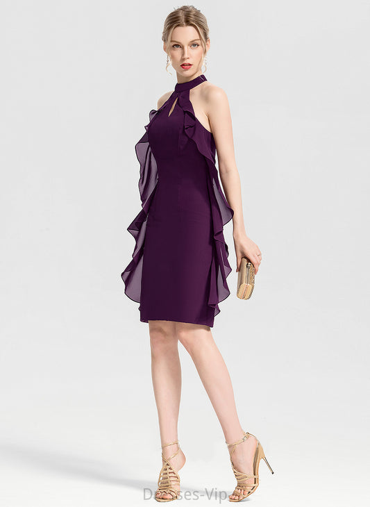 Scoop Cocktail With Cascading Elizabeth Neck Sheath/Column Chiffon Ruffles Cocktail Dresses Knee-Length Dress