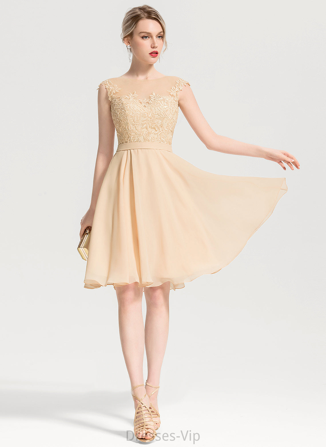 Chiffon Lace Appliques Dress Neck Knee-Length Scoop Cocktail Dresses Lace With A-Line Cocktail Kinsley