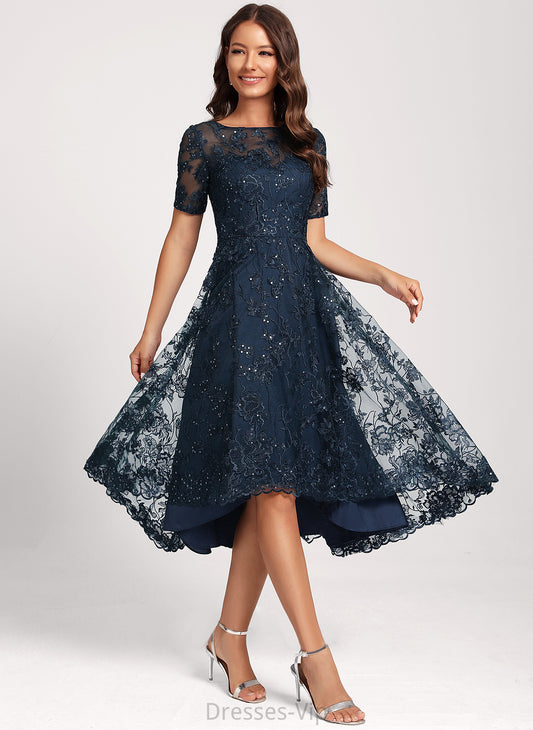 Cocktail Dress Sequins Asymmetrical A-Line Lace With Tulle Scoop Neck Saniya Club Dresses