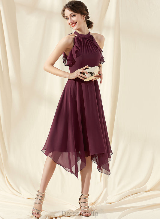 Ruffles With Dress Chiffon Neck Cocktail Priscilla Cocktail Dresses Tea-Length Cascading Scoop A-Line