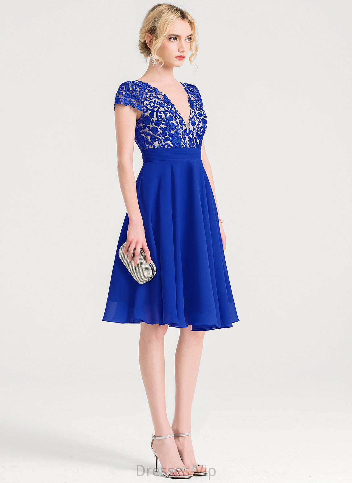 With Ruffle Cocktail Dresses Dress Kristin Chiffon V-neck Cocktail A-Line Lace Knee-Length