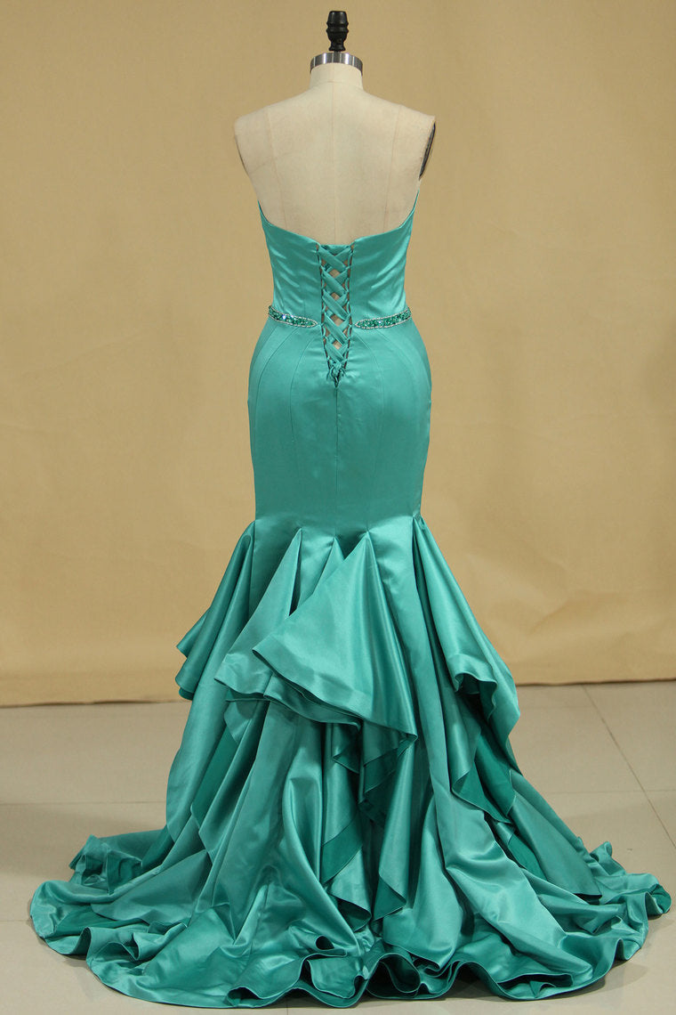 2024 New Arrival Sweetheart Prom Dresses Mermaid Beaded Waistband Satin