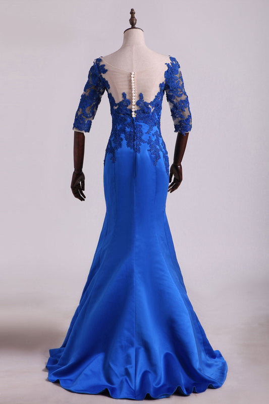 2024 Hot Bateau Dark Royal Blue Mother Of The Bride Dresses 3/4 Length Sleeve With Applique Satin