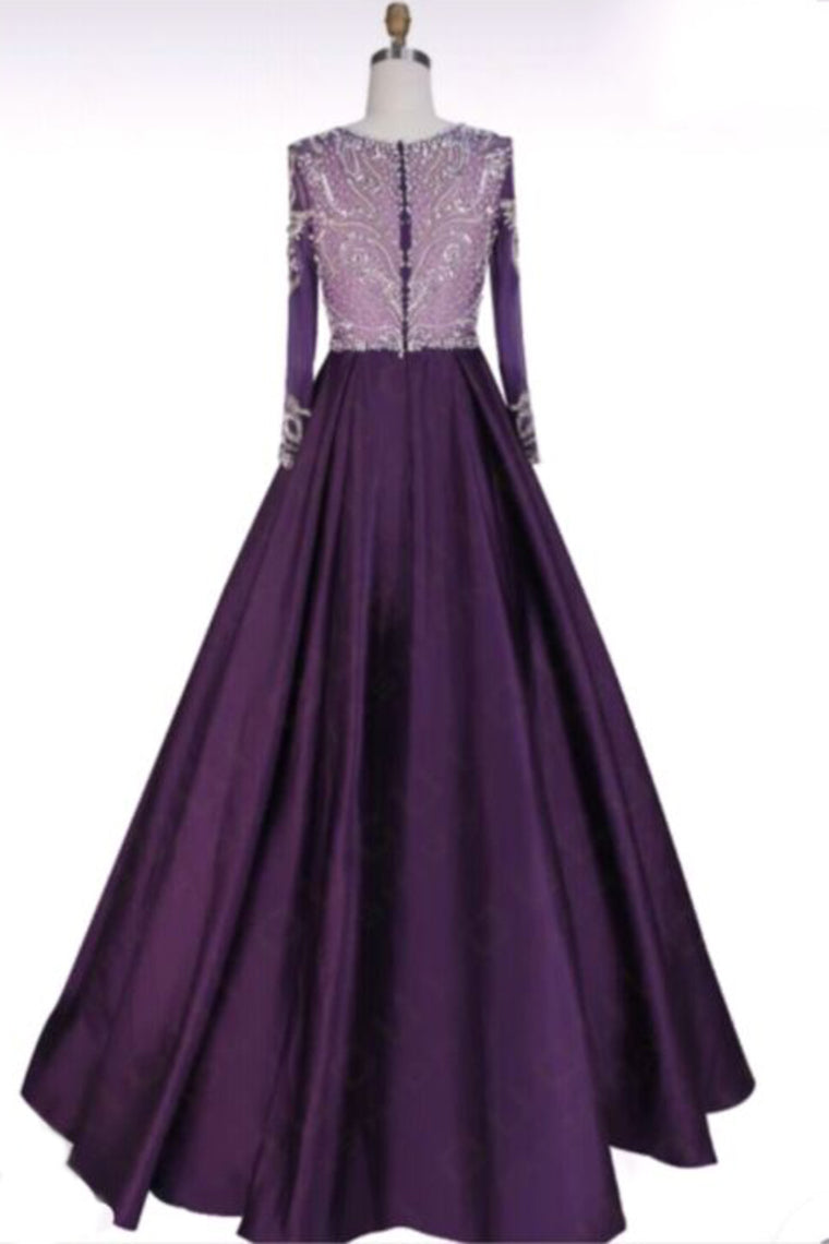 2024 Long Sleeves Scoop Beaded Bodice Taffeta A Line  Prom Dresses