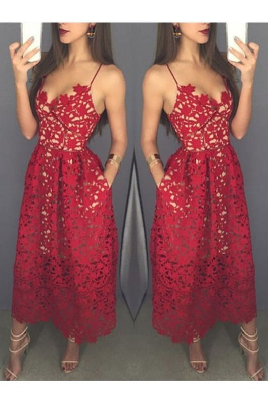 Lace Spaghetti Straps With Pockets Sweetheart Homecoming Dresses