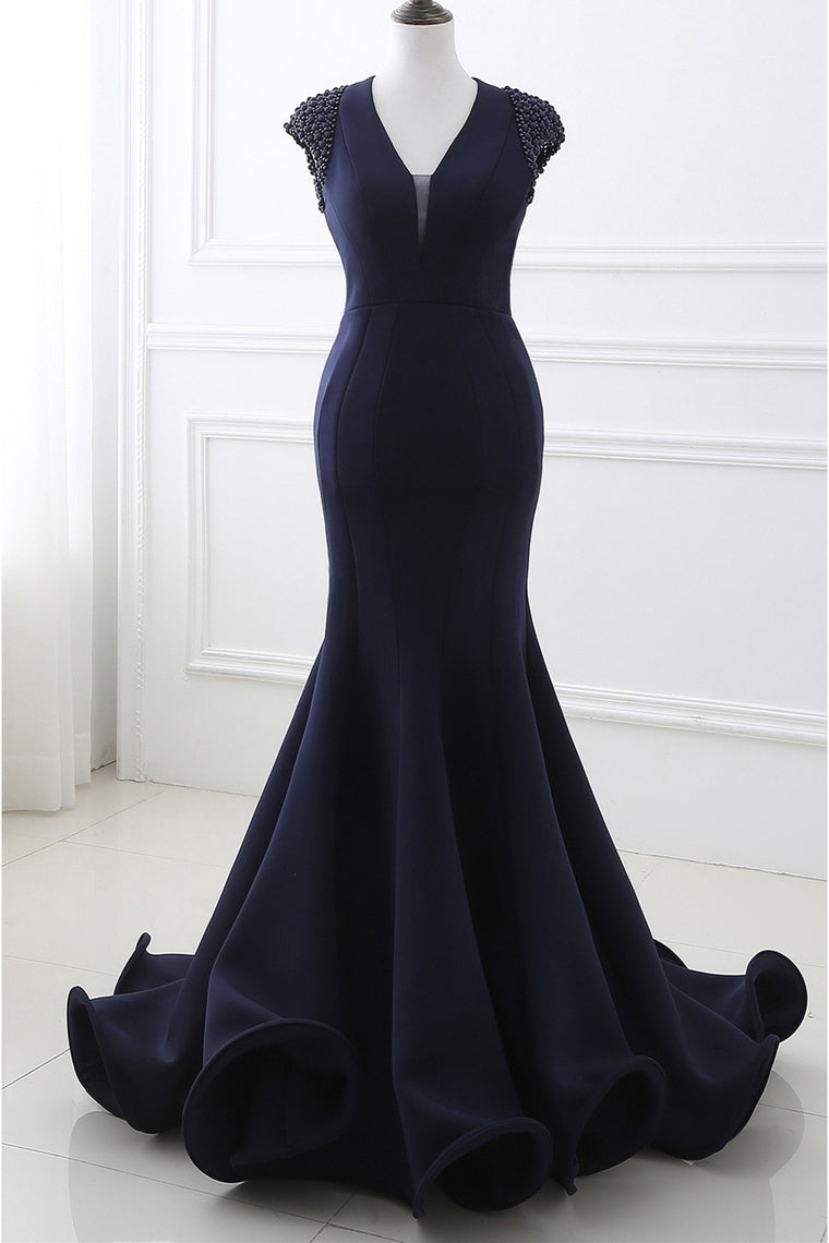 2024 Mermaid V Neck Satin Evening Dresses With Beading Sweep Train