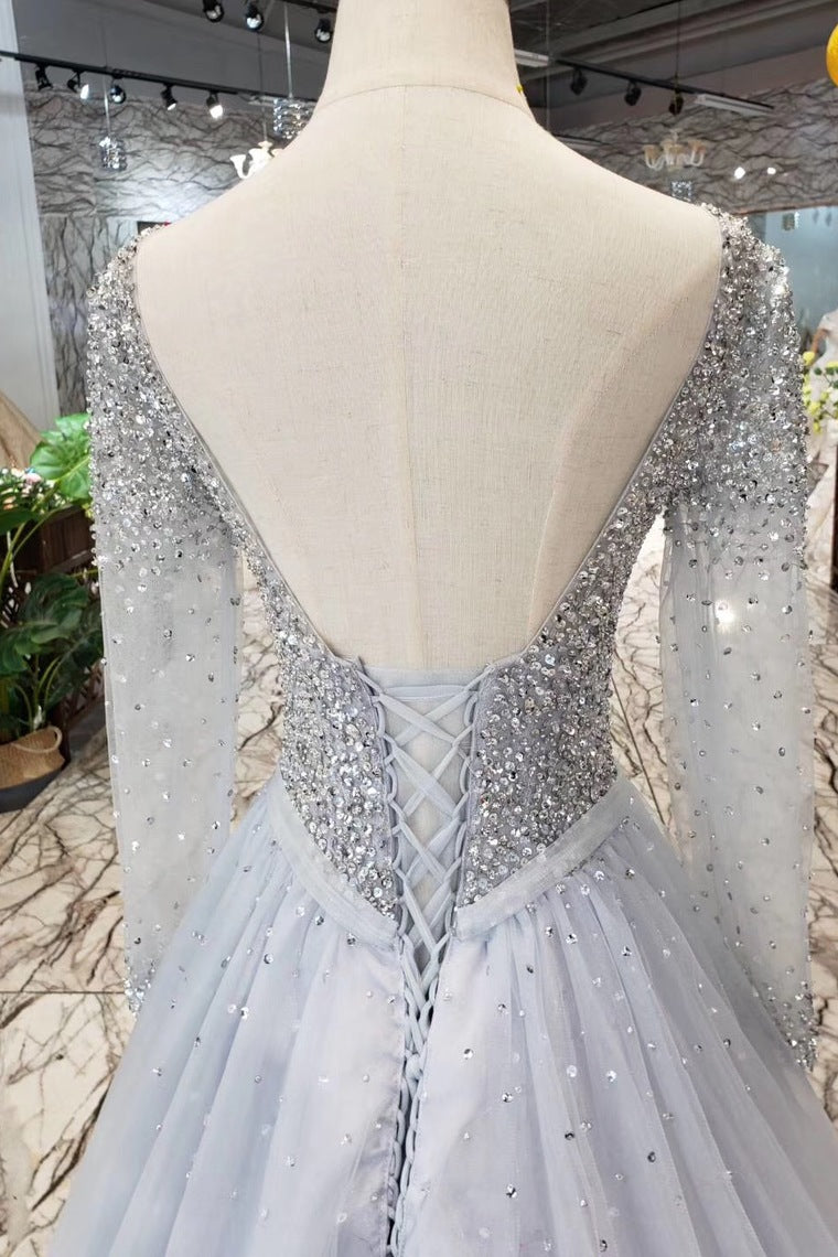 2024 Long Sleeves V Neck Prom Dresses Tulle A Line Sequins