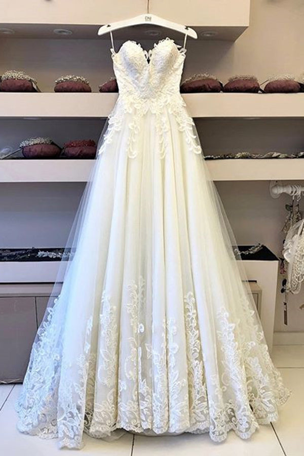 Romantic Sweetheart Spaghetti Straps Lace Wedding Dresses with Appliuqes