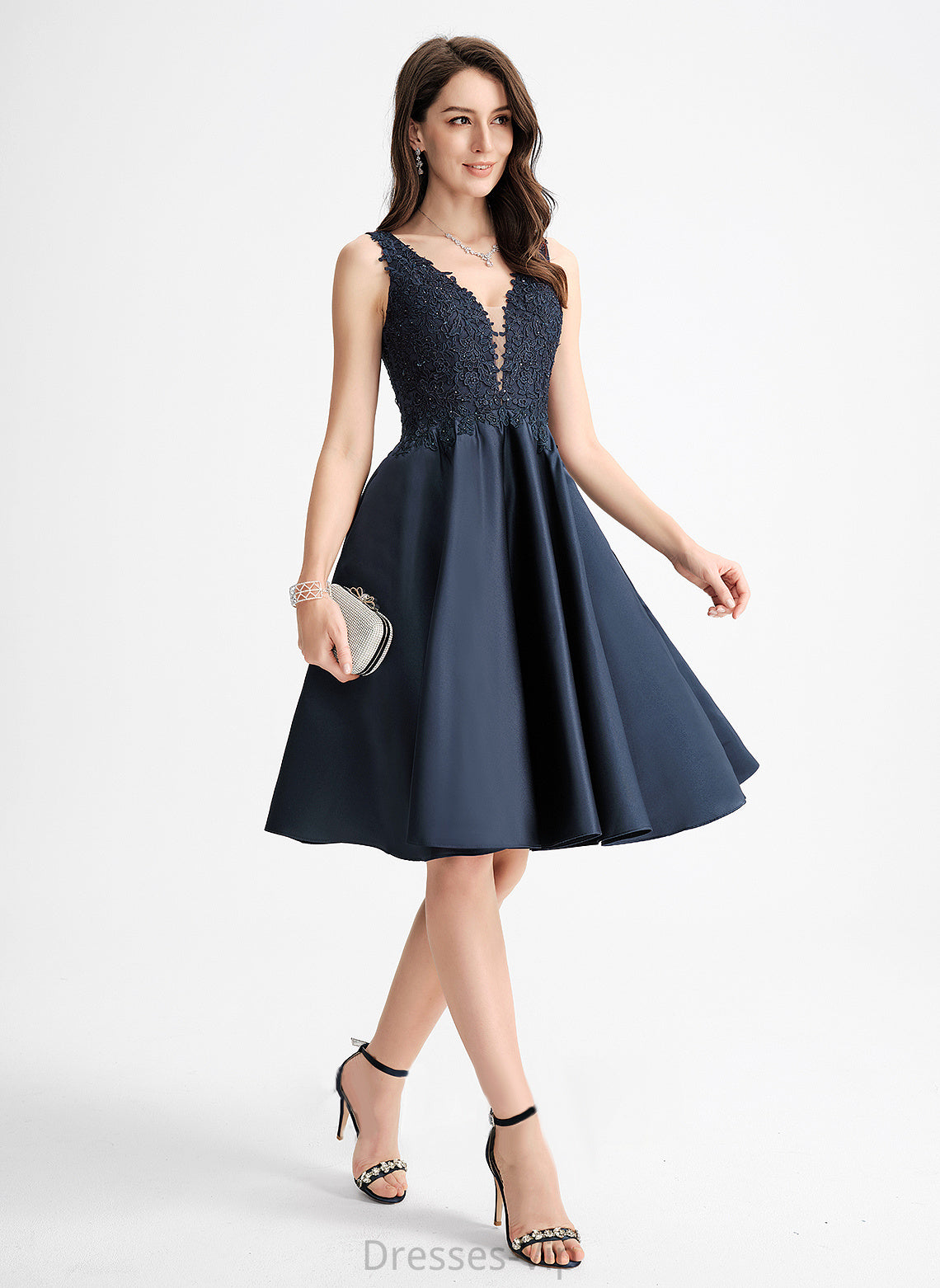 Dress V-neck Homecoming Knee-Length With Makena Satin A-Line Lace Homecoming Dresses Beading