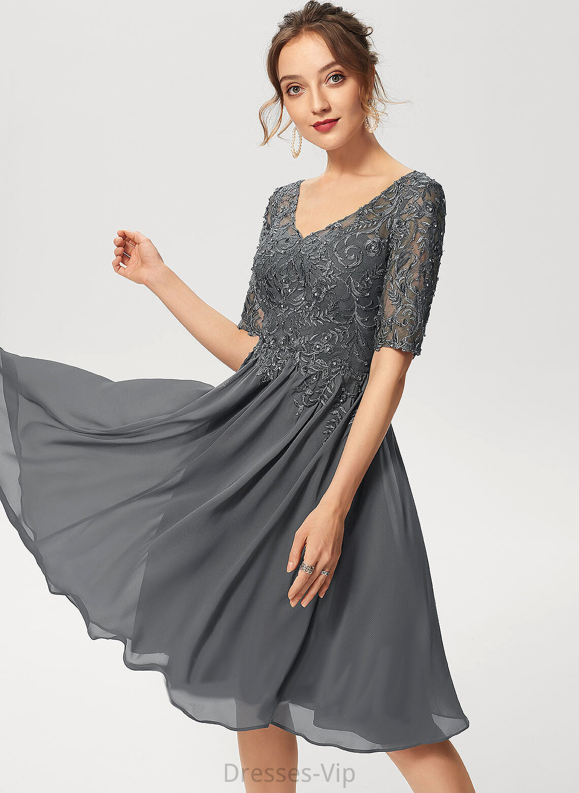 Cocktail Beading A-Line Knee-Length Yvonne Sequins Lace With Dress Chiffon V-neck Cocktail Dresses