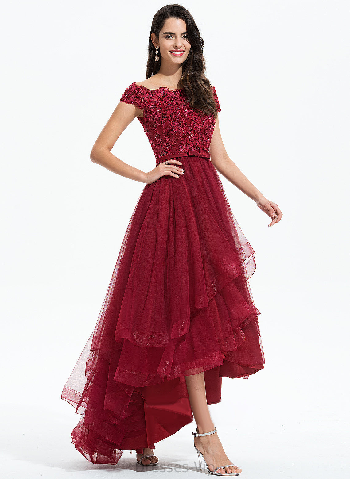 Brylee Off-the-Shoulder Lace Tulle Asymmetrical Bow(s) Beading Dress With Cocktail A-Line Lace Cocktail Dresses