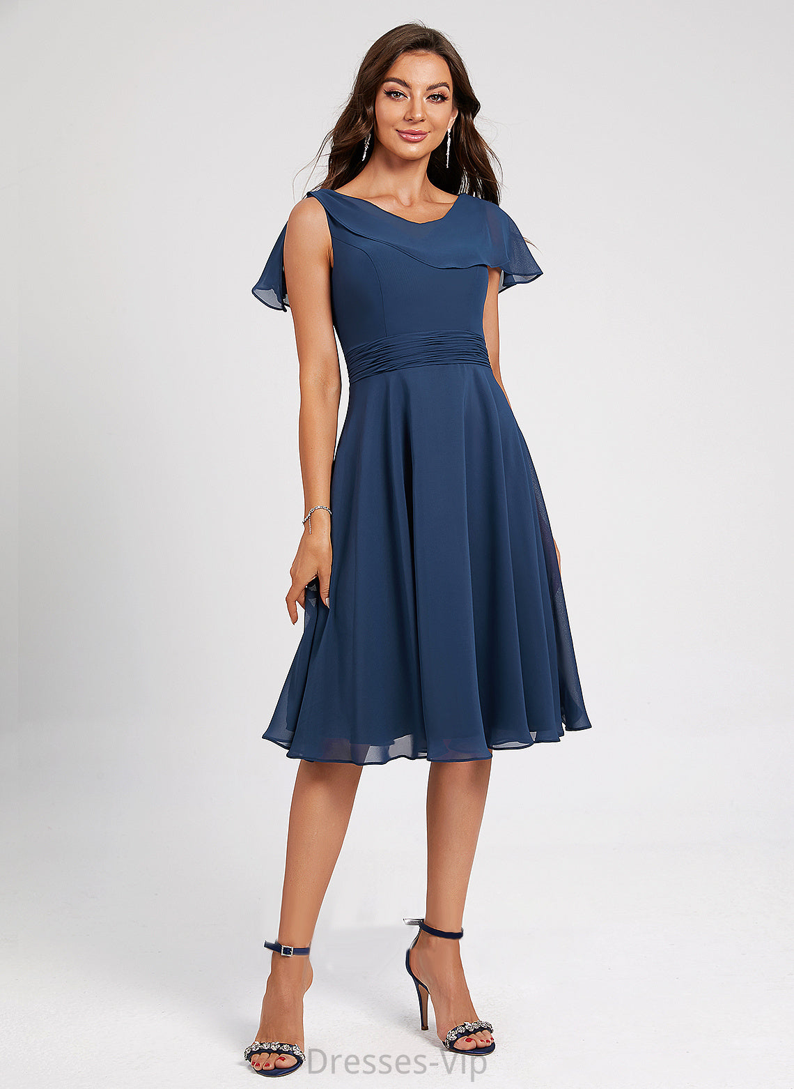 A-Line Regan Cocktail Ruffle Cocktail Dresses Chiffon Dress Knee-Length With Scoop Neck Pleated