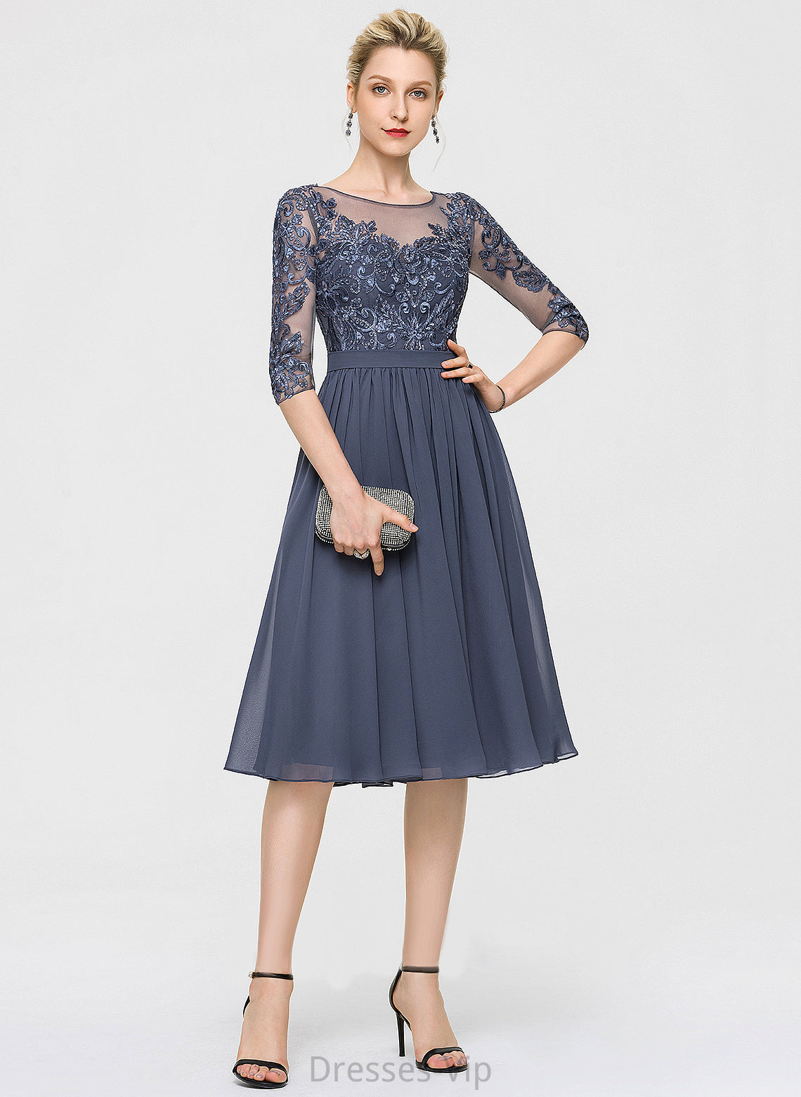 Cocktail Dresses Dress A-Line With Knee-Length Cocktail Scoop Chiffon Lace Ellen Sequins Neck