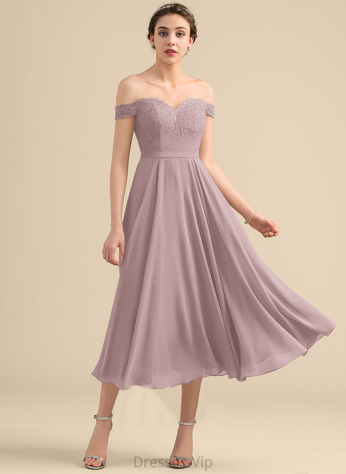 Lace A-Line Fernanda Chiffon Dress Tea-Length Cocktail Dresses Cocktail Beading With Off-the-Shoulder