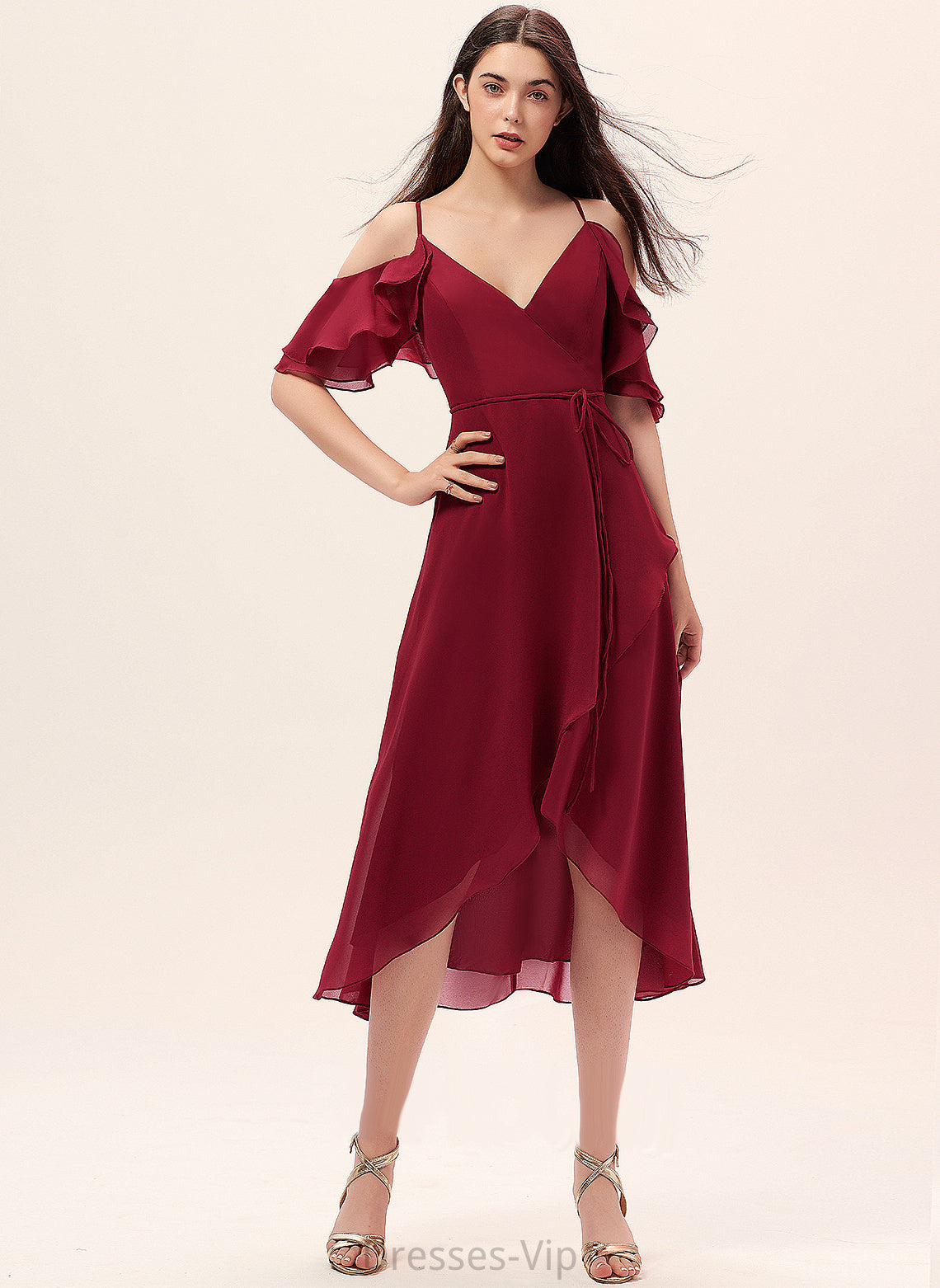 Chiffon Asymmetrical Ruffles Cocktail A-Line Cascading Rosie Cocktail Dresses Dress V-neck With