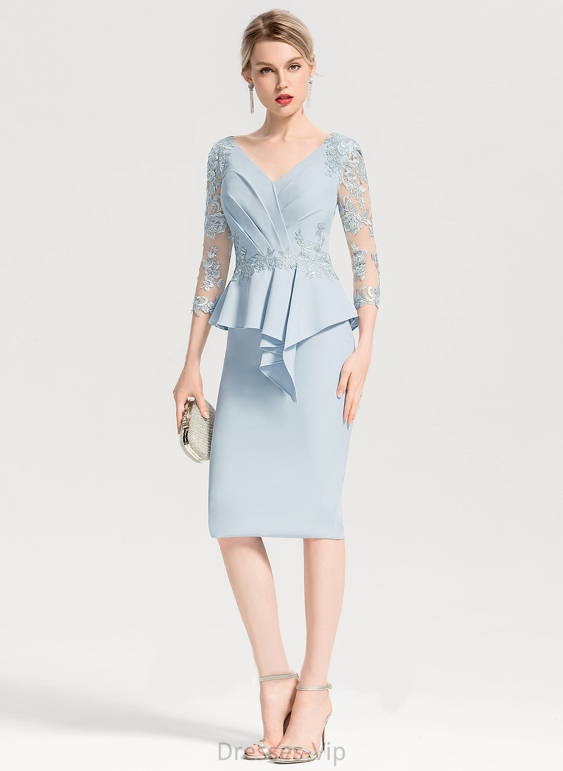 Ruffles Crepe Lace Dress V-neck Knee-Length Annabella Cascading Sheath/Column Stretch Lace Cocktail Dresses With Cocktail Appliques