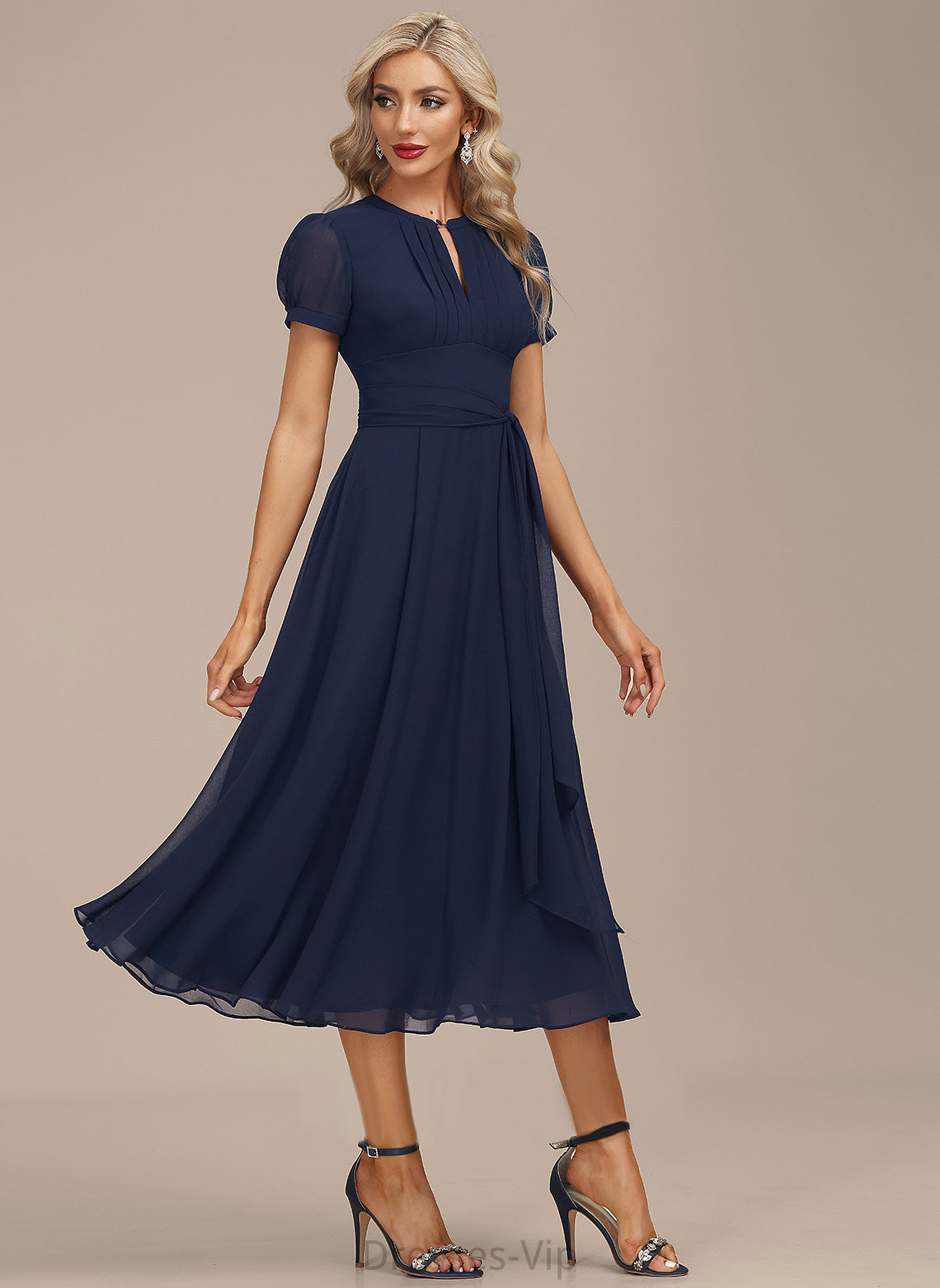 Scoop Cocktail Dresses Ruffle Tea-Length Ashlynn Cocktail Chiffon A-Line Dress With Neck