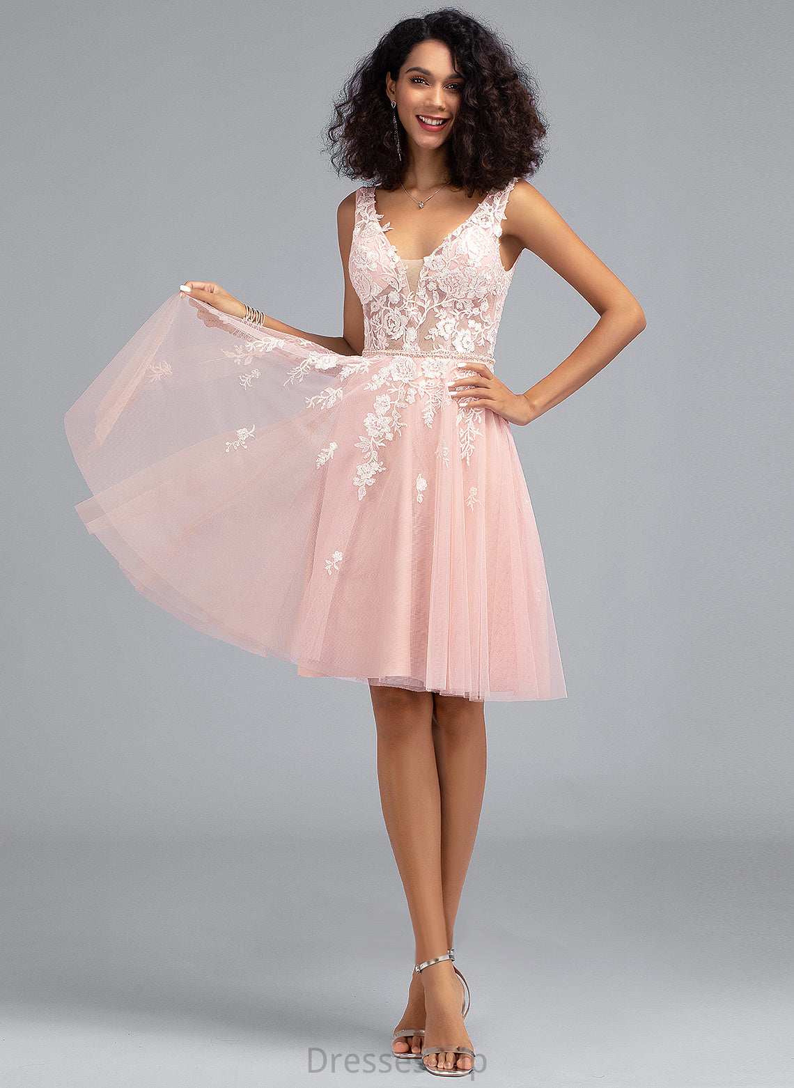 Ally Tulle With V-neck Lace A-Line Knee-Length Dress Beading Sequins Homecoming Homecoming Dresses