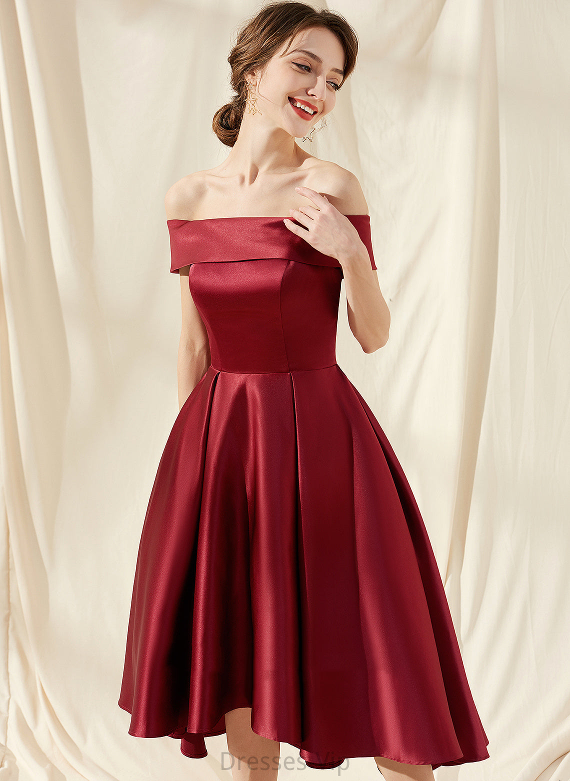 Tori Cocktail Dresses Asymmetrical Cocktail Pockets Satin With A-Line Off-the-Shoulder Dress