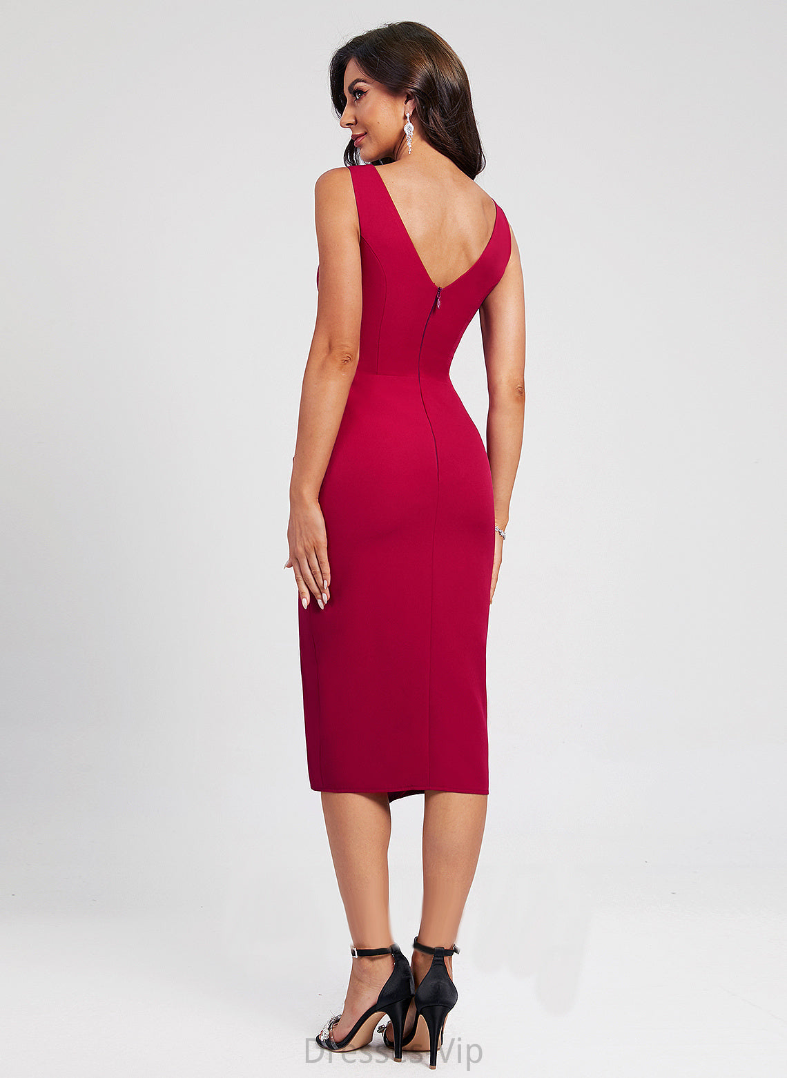 Crepe Bodycon Ruffle V-neck Dress Knee-Length Cocktail Club Dresses Polly Stretch Front With Split