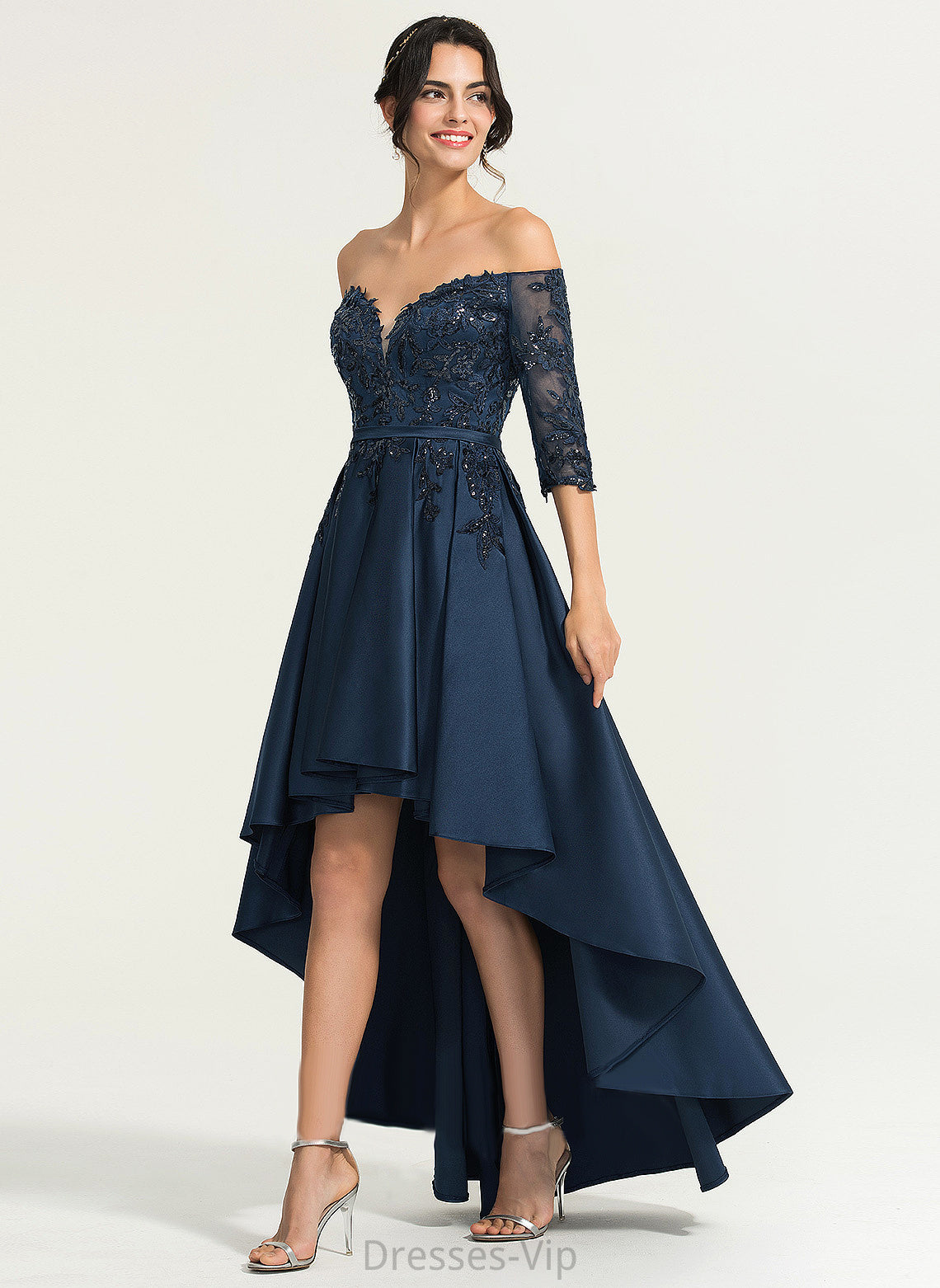 Homecoming Dresses Off-the-Shoulder Homecoming A-Line Lace Asymmetrical Satin Brooke Dress With