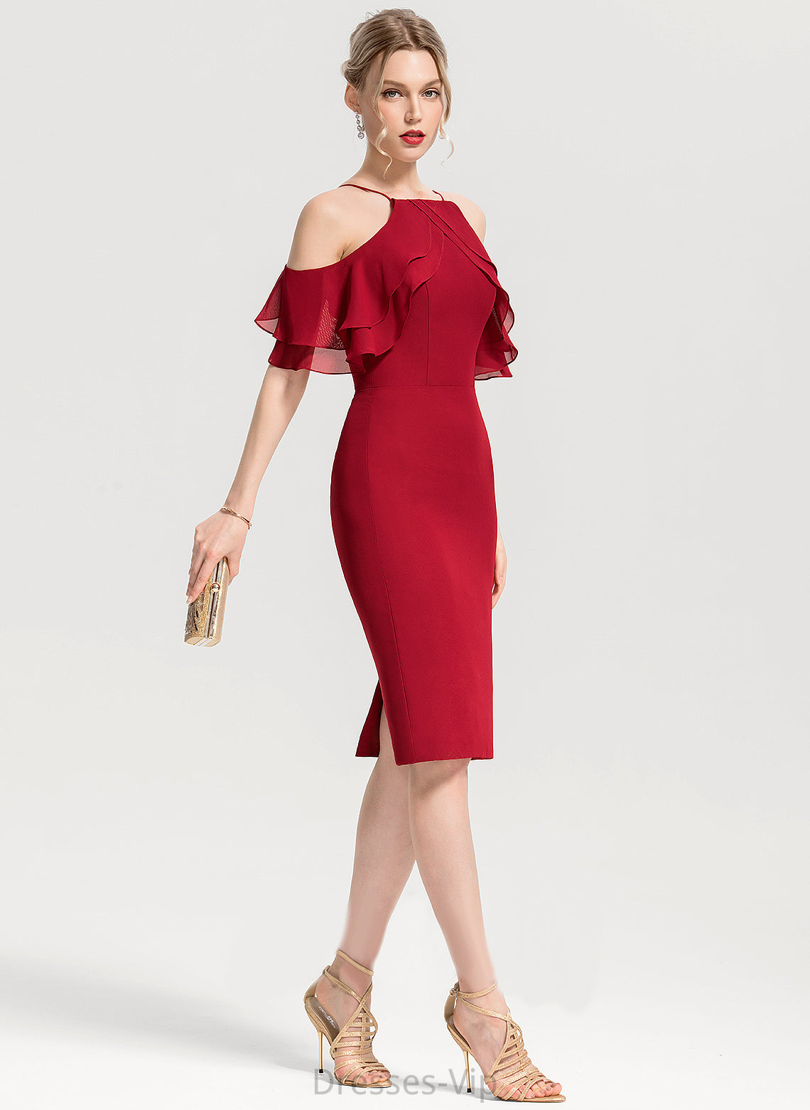 Evangeline Cascading Knee-Length Ruffles Cocktail With Chiffon Cocktail Dresses Dress Square Sheath/Column Neckline