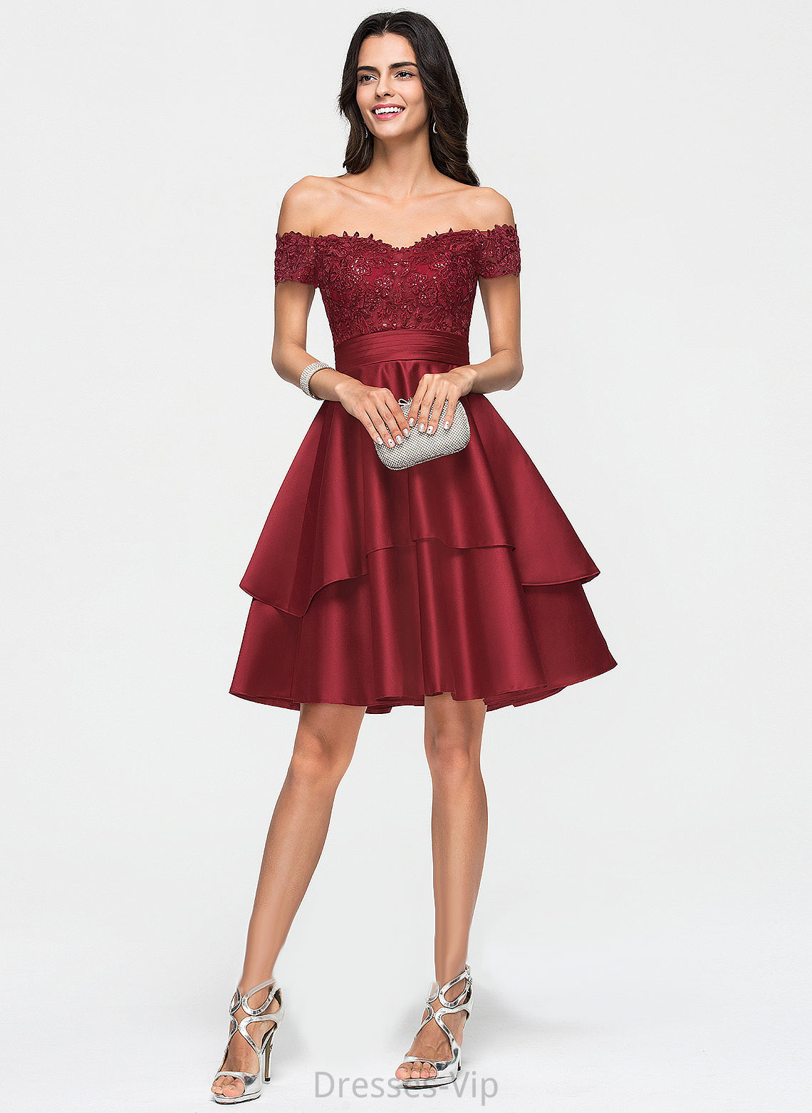 Ivy With Knee-Length Sequins A-Line Satin Cocktail Lace Off-the-Shoulder Dress Cocktail Dresses