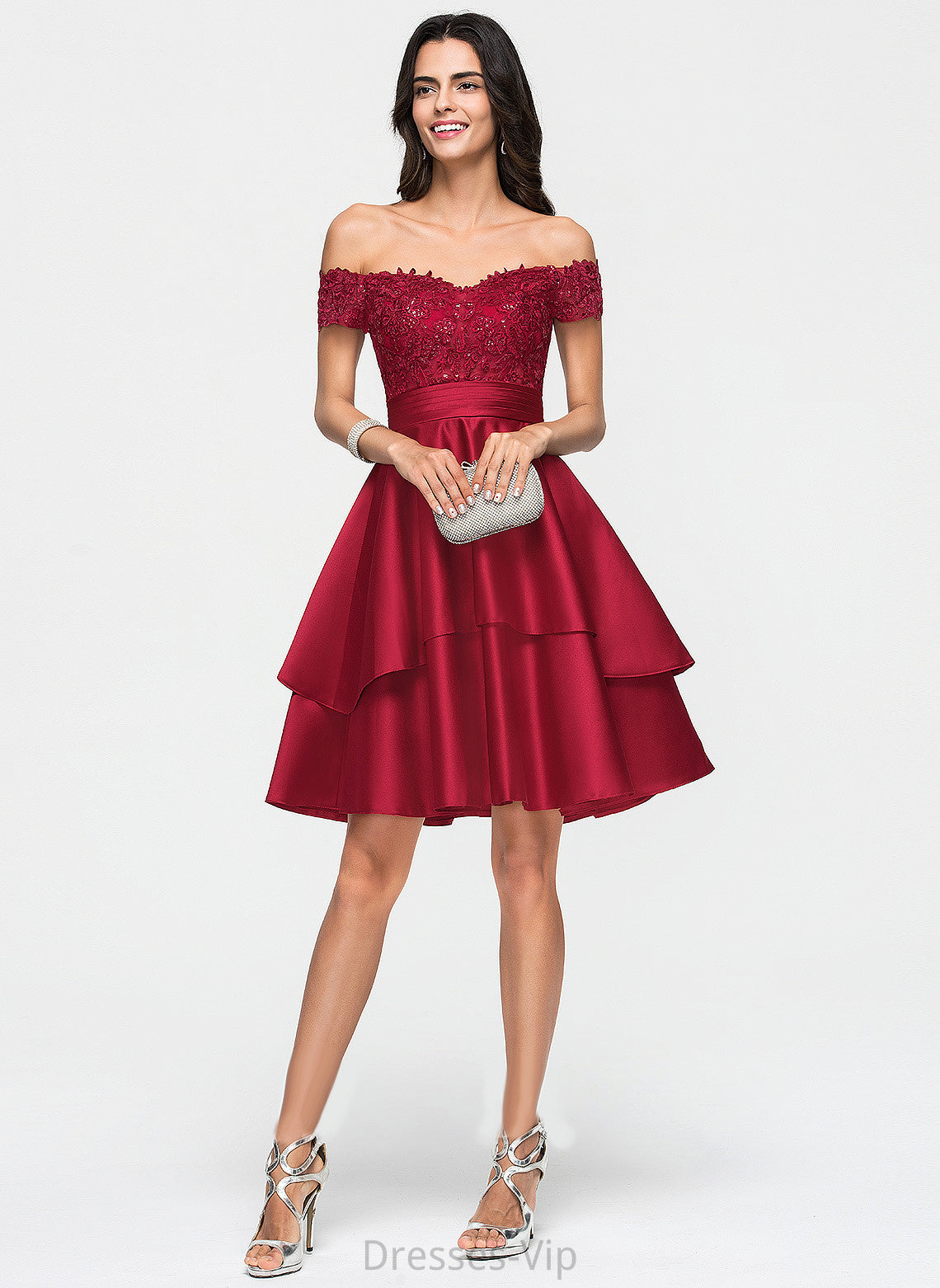 Knee-Length Satin A-Line Lace Homecoming With Mckenzie Homecoming Dresses Sequins Off-the-Shoulder Dress