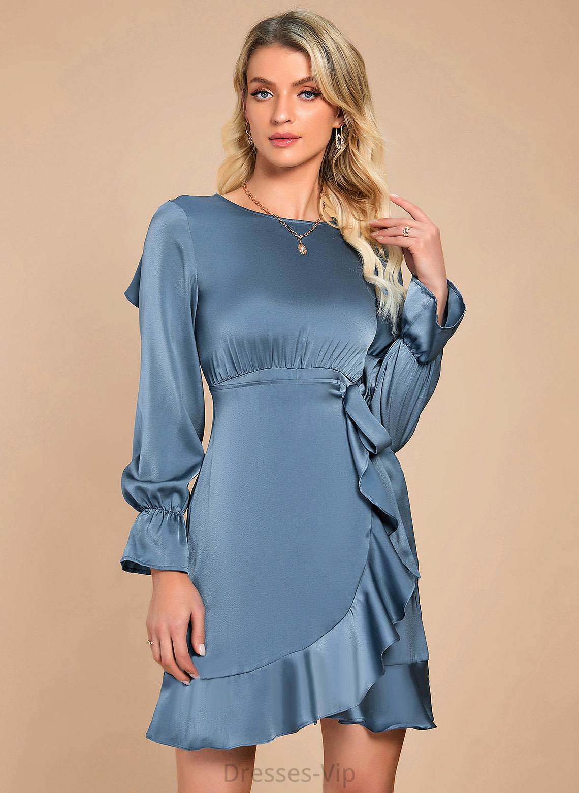 Long Sleeves A-line Satin Mini Maritza Dresses Neck Elegant Round Club Dresses