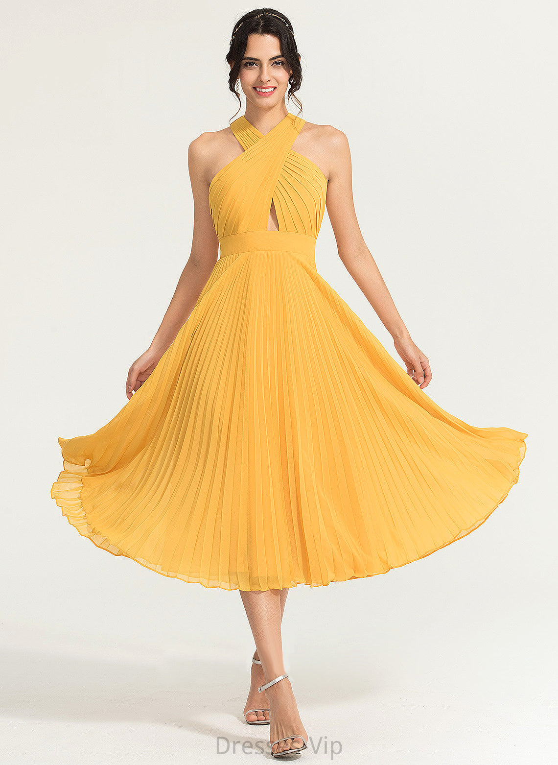 Dress Tea-Length Pleated Chiffon With Laila Cocktail Cocktail Dresses V-neck A-Line