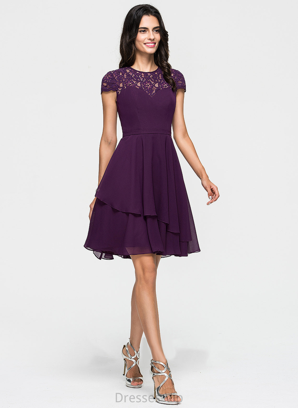 A-Line Homecoming Ruffles Homecoming Dresses Dress With Lace Scoop Knee-Length Neck Cascading Chiffon Pearl