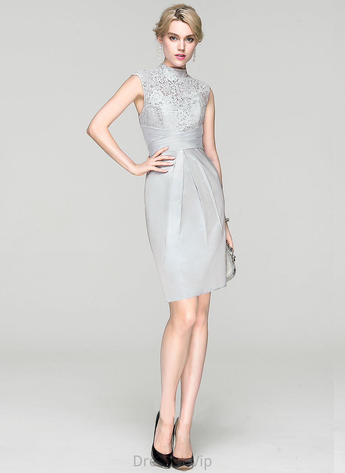 Cocktail Dresses Knee-Length Cristal Cocktail Lace Charmeuse With High Neck Dress Ruffle Sheath/Column