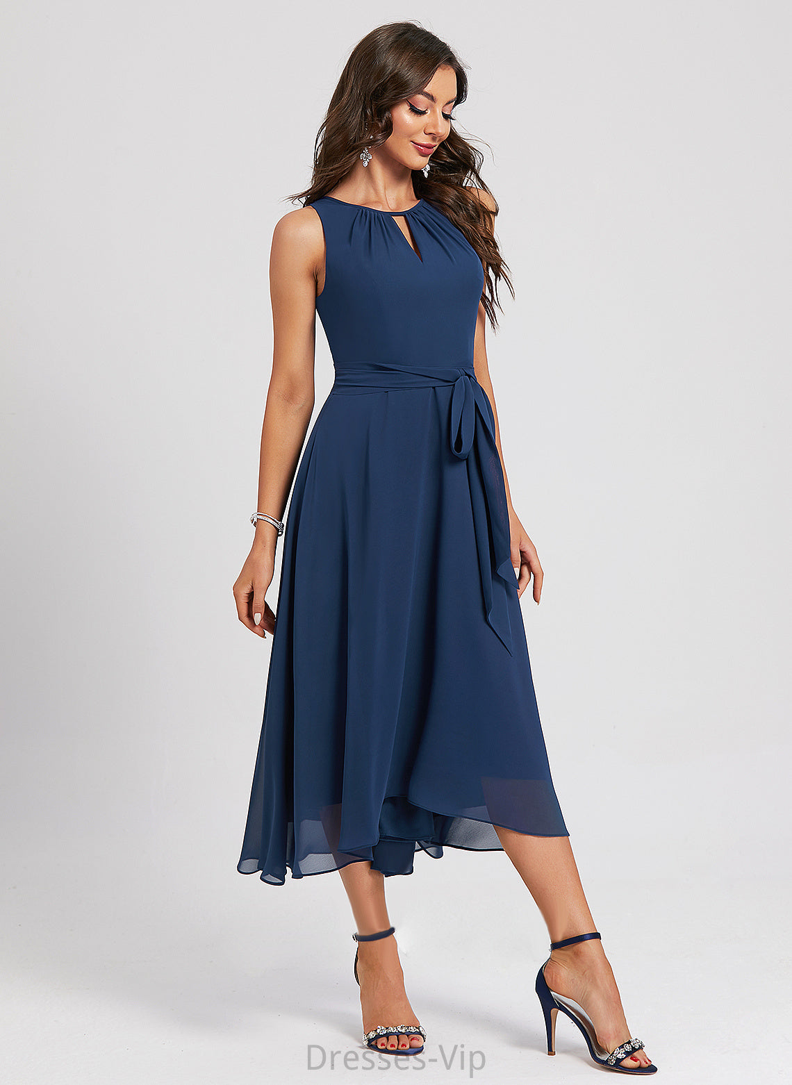 Frederica Cocktail With Dress Scoop Sash A-Line Asymmetrical Chiffon Neck Cocktail Dresses