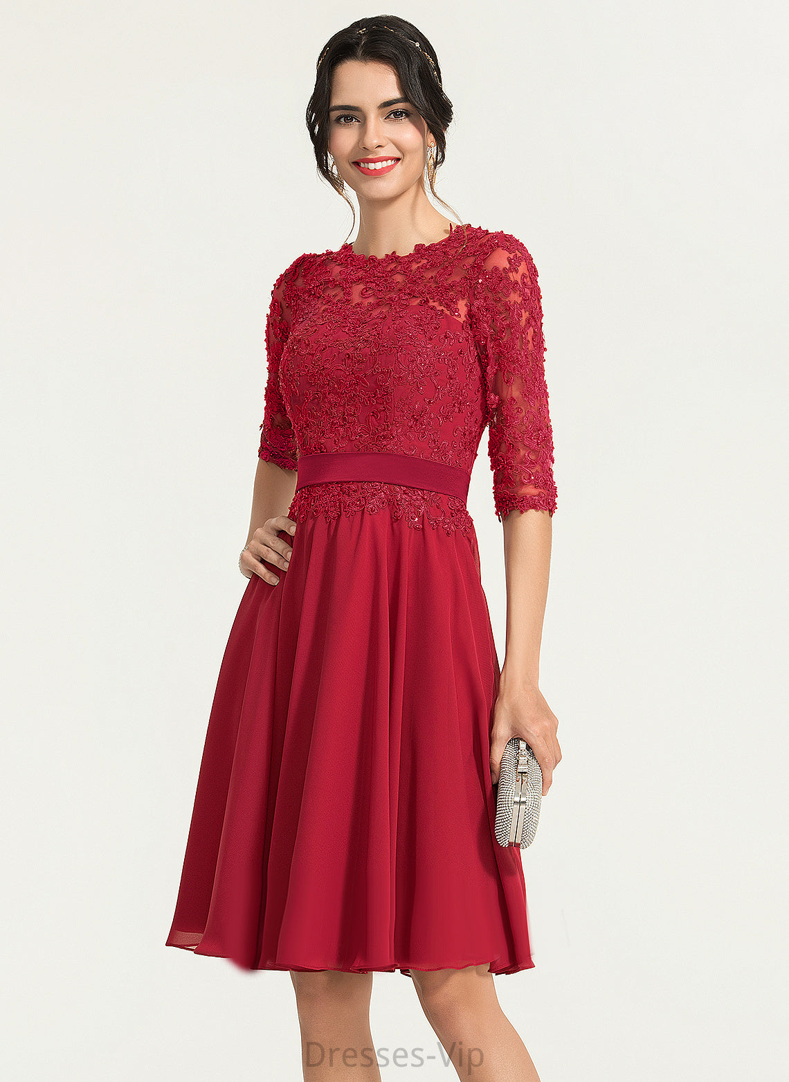 A-Line With Cocktail Dresses Cocktail Chiffon Scoop Knee-Length Brenda Neck Beading Lace Dress