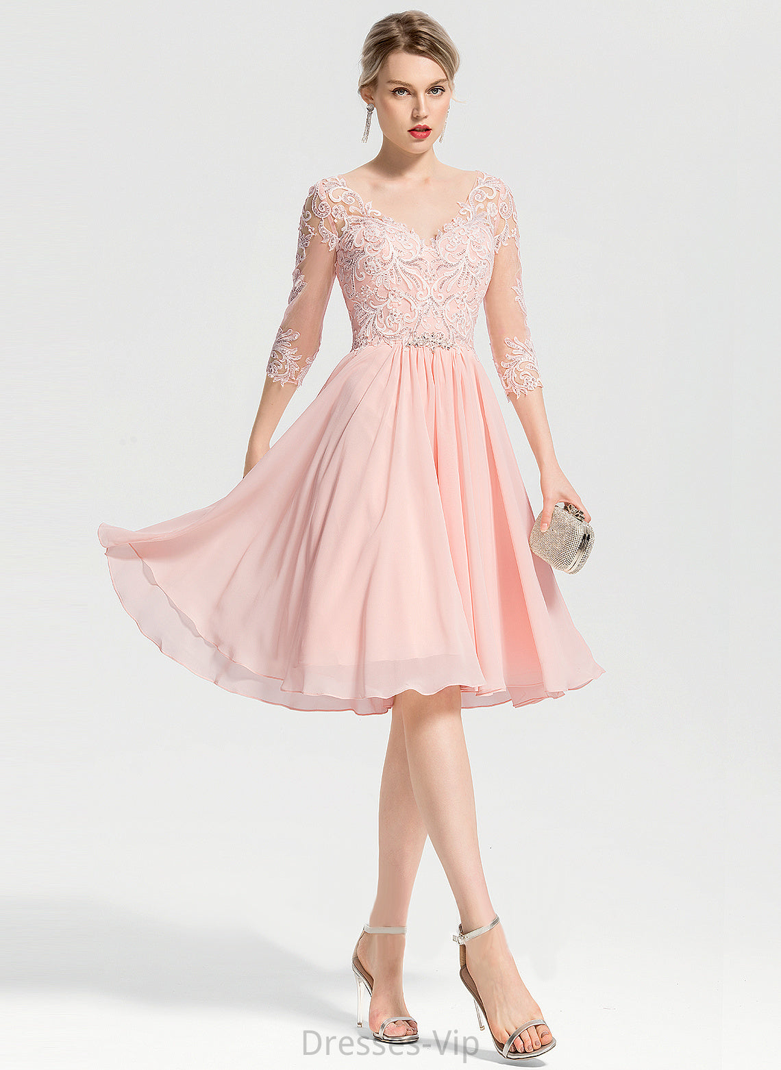 Knee-Length Beading Cocktail Dress Cocktail Dresses Lace V-neck Tianna With Chiffon A-Line