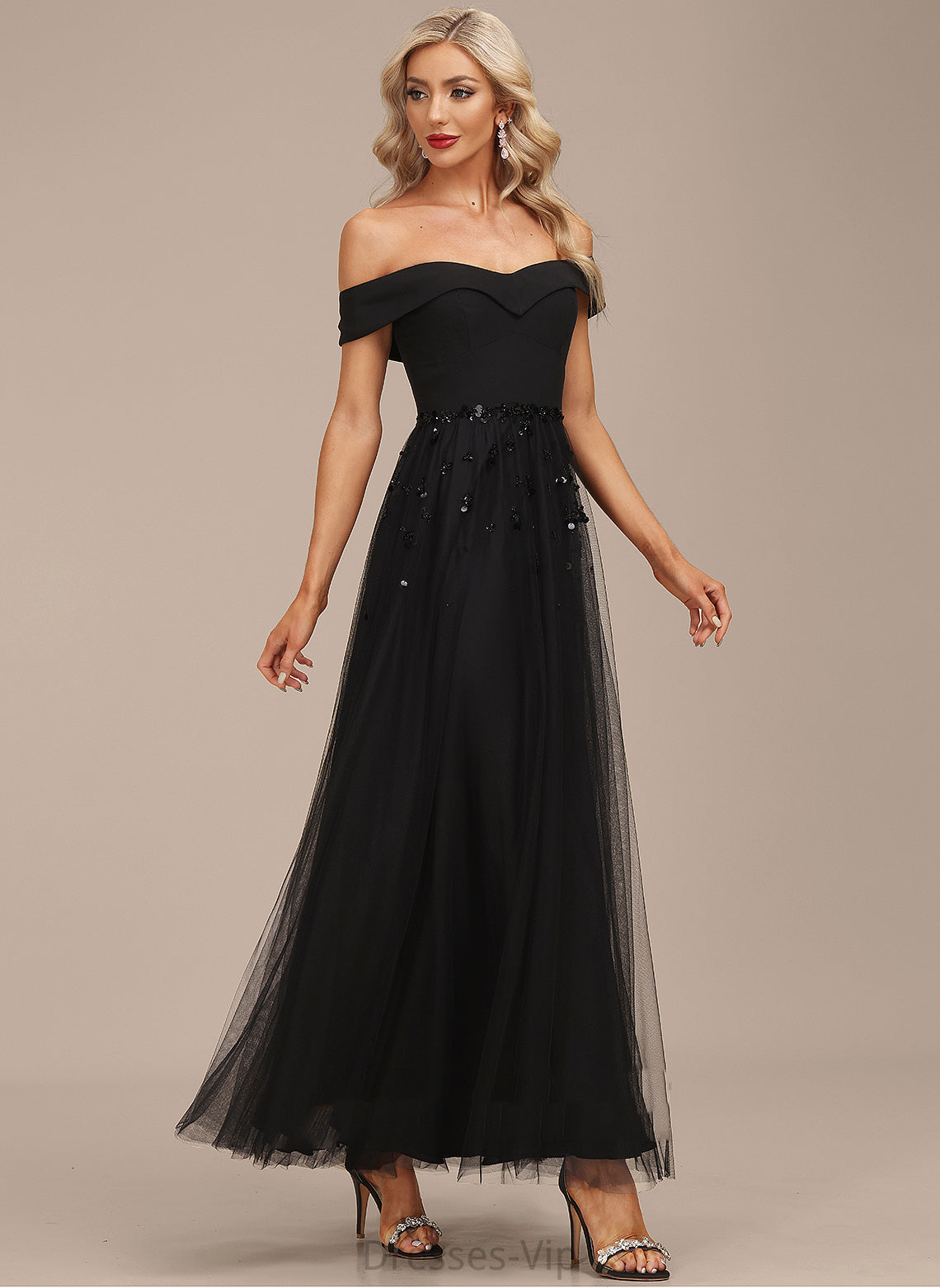 Dress Cocktail Joanna Chiffon Ankle-Length Tulle Off-the-Shoulder Sequins Beading A-Line Cocktail Dresses With