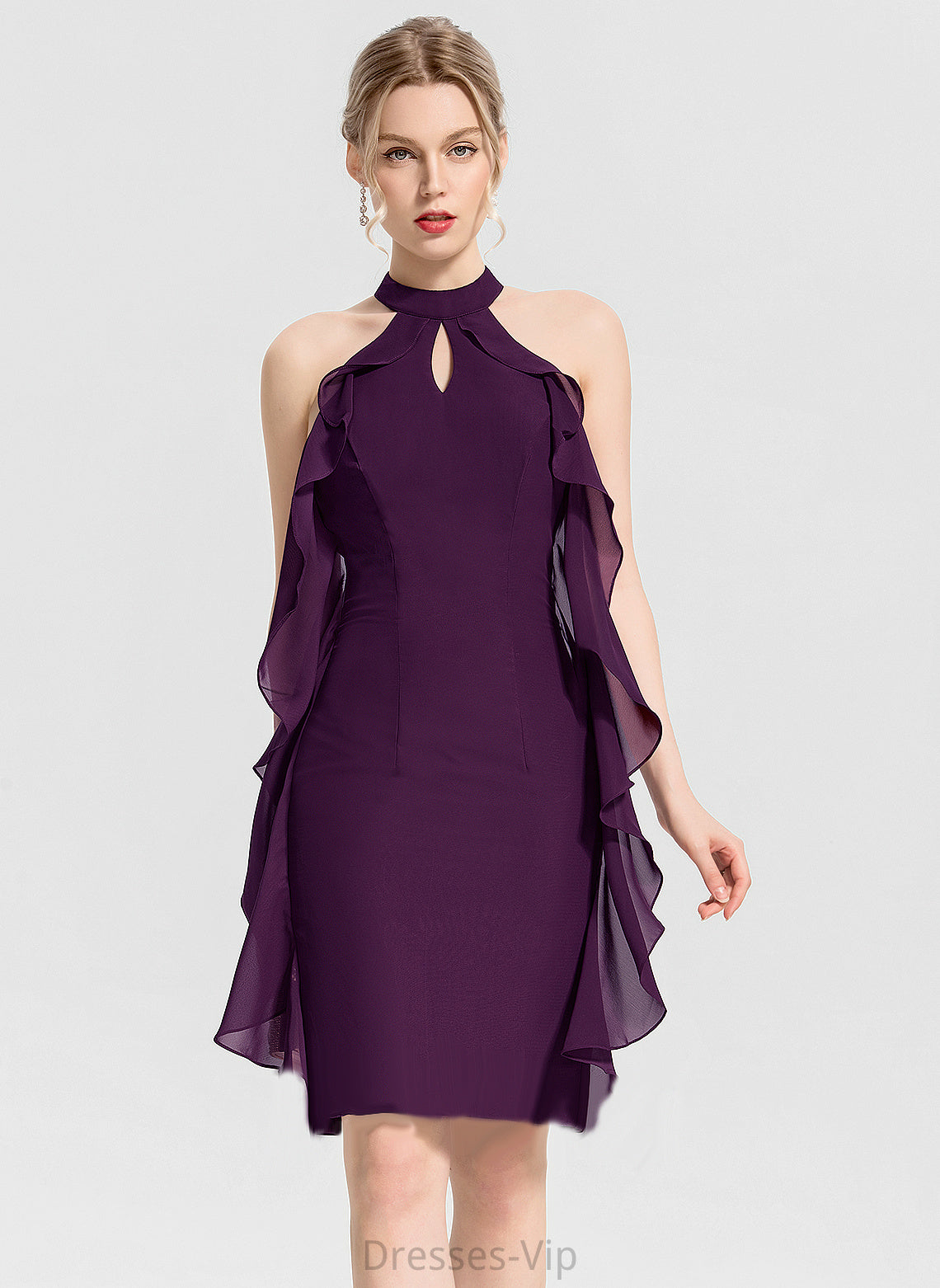 Scoop Cocktail With Cascading Elizabeth Neck Sheath/Column Chiffon Ruffles Cocktail Dresses Knee-Length Dress